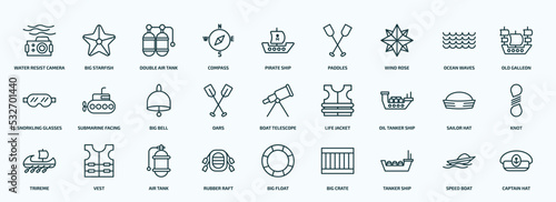 special lineal nautical icons set. outline icons such as water resist camera, compass, wind rose, snorkling glasses, oars, oil tanker ship, trireme, rubber raft, tanker ship, speed boat line icons.