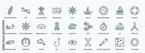 special lineal nautical icons set. outline icons such as water resist watch, treasure map, submarine window, roofless speed boat, skull and bones, compass inclined, speed boat facing right, bait,