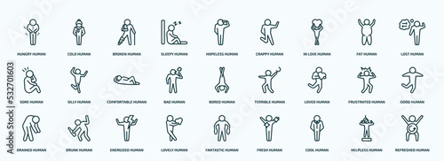 special lineal feelings icons set. outline icons such as hungry human, sleepy human, in love human, sore bad loved drained lovely cool helpless line icons.