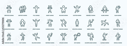 special lineal feelings icons set. outline icons such as irritated human, angry human, horrible human, aggravated curious sorry shocked inspired accomplished blessed line icons.