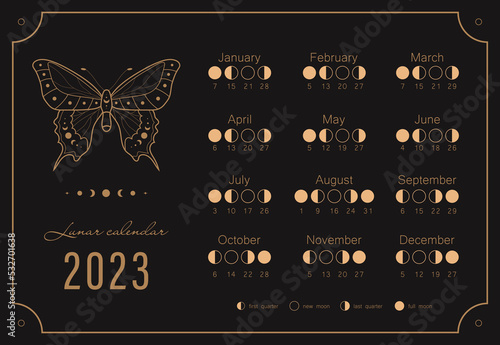 Moon calendar 2023 year. Lunar phases shedule template. Boho astrological poster with mystic butterfly. Vintage vector illustration. photo