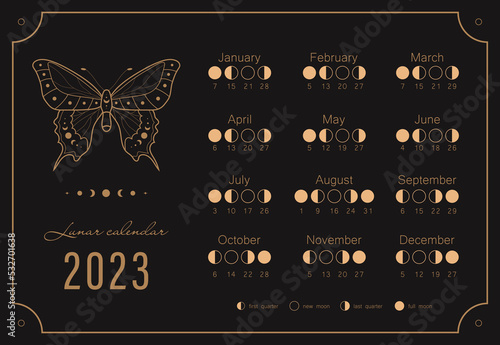 Moon calendar 2023 year. Lunar phases shedule template. Boho astrological poster with mystic butterfly. Vintage vector illustration.