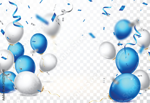 Birthday Celebrations banner with blue, white balloons and confetti