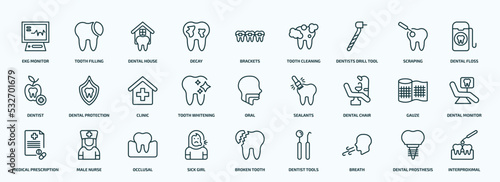 special lineal dentist icons set. outline icons such as ekg monitor, decay, dentists drill tool, dentist, tooth whitening, dental chair, medical prescription, sick girl, breath, dental prosthesis