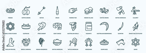 special lineal cultures icons set. outline icons such as fabada, orujo, coffee grains, israel star of david, goat cheese, australian boomerang, muslim praying, native american pot, dumplings, horse