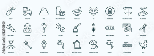 special lineal agriculture farming icons set. outline icons such as seed, milk products, pesticide, vegetable, sugar, bale of hay, sprinkler, irrigation, faucet, straw bale line icons.
