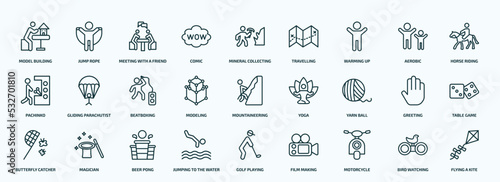 special lineal activity and hobbies icons set. outline icons such as model building, comic, warming up, pachinko, modeling, yarn ball, butterfly catcher, jumping to the water, motorcycle, bird