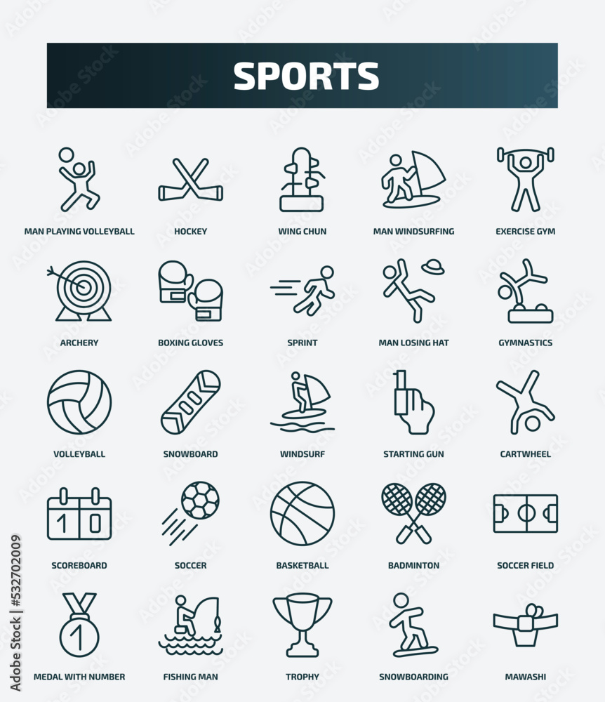 Naklejka premium set of 25 special lineal sports icons. outline icons such as man playing volleyball, hockey, exercise gym, sprint, volleyball, starting gun, soccer, soccer field, trophy, snowboarding line icons.