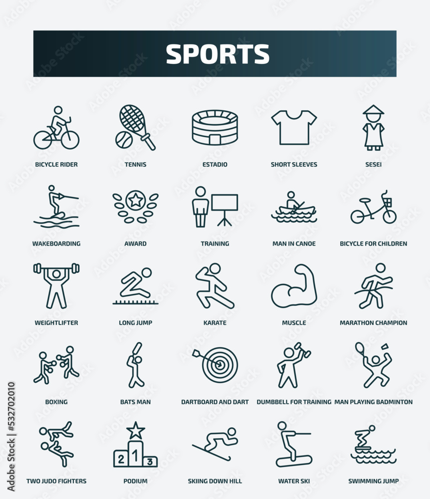 Naklejka premium set of 25 special lineal sports icons. outline icons such as bicycle rider, tennis, sesei, training, weightlifter, muscle, bats man, man playing badminton, skiing down hill, water ski line icons.