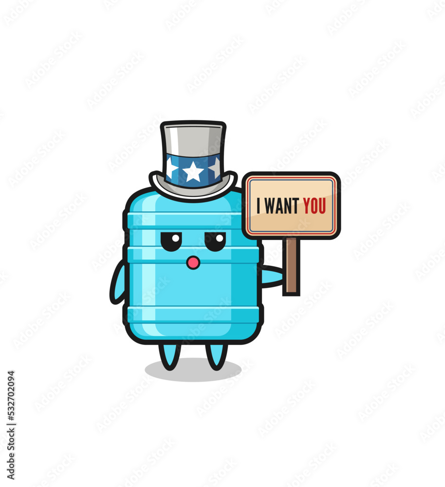 gallon water bottle cartoon as uncle Sam holding the banner I want you