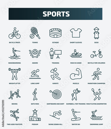 set of 25 special lineal sports icons. outline icons such as bicycle rider, tennis, sesei, training, weightlifter, muscle, bats man, man playing badminton, skiing down hill, water ski line icons.