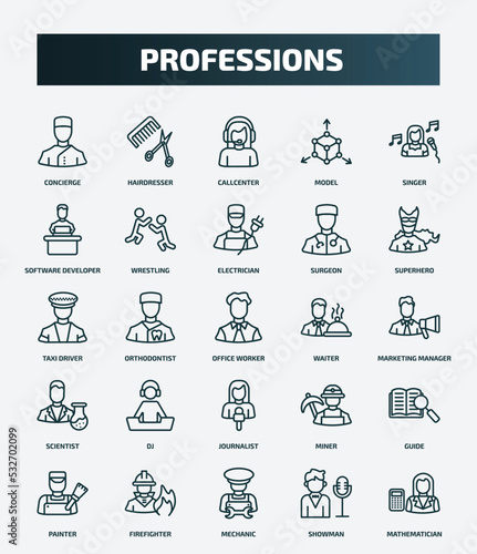 set of 25 special lineal professions icons. outline icons such as concierge, hairdresser, singer, electrician, taxi driver, waiter, dj, guide, mechanic, showman line icons.
