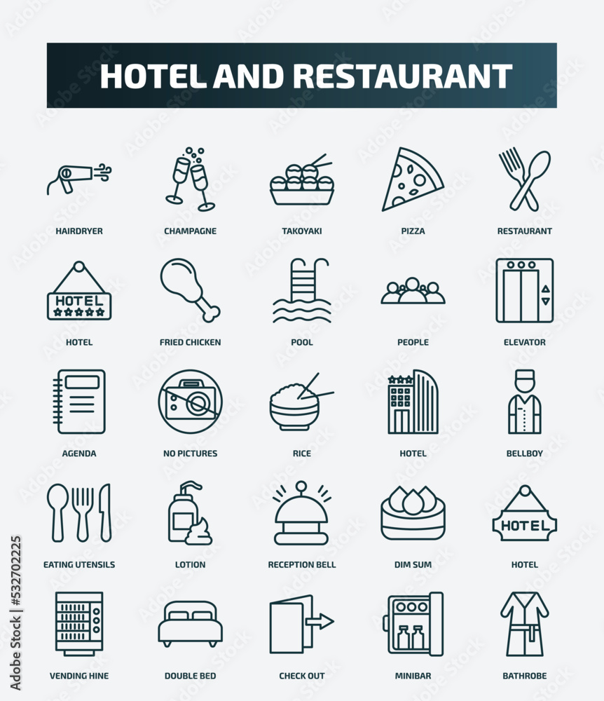set of 25 special lineal hotel and restaurant icons. outline icons such as hairdryer, champagne, restaurant, pool, agenda, hotel, lotion, hotel, check out, minibar line icons. set of 25 special lineal hotel and restaurant icons. outline icons such as hairdryer, champagne, restaurant, pool, agenda, hotel, lotion, hotel, check out, minibar line icons.