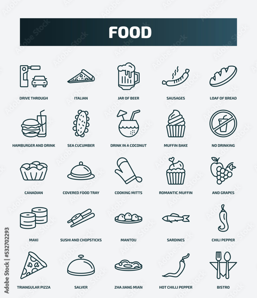 Fototapeta premium set of 25 special lineal food icons. outline icons such as drive through, italian, loaf of bread, drink in a coconut, canadian, romantic muffin, sushi and chopsticks, chili pepper, zha jiang mian,