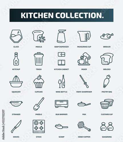 set of 25 special lineal kitchen collection. icons. outline icons such as glass, mould, broiler, kitchen cabinet, squeezer, knife sharpener, paddle, custard cup, scoop, honey dipper line icons.
