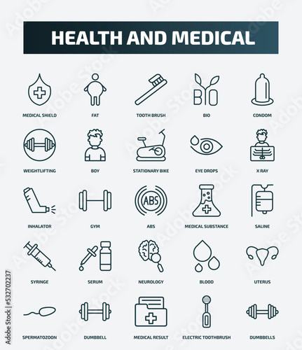 set of 25 special lineal health and medical icons. outline icons such as medical shield, fat, condom, stationary bike, inhalator, medical substance, serum, uterus, result, electric toothbrush line