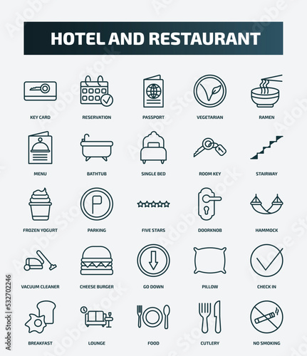 set of 25 special lineal hotel and restaurant icons. outline icons such as key card, reservation, ramen, single bed, frozen yogurt, doorknob, cheese burger, check in, food, cutlery line icons.