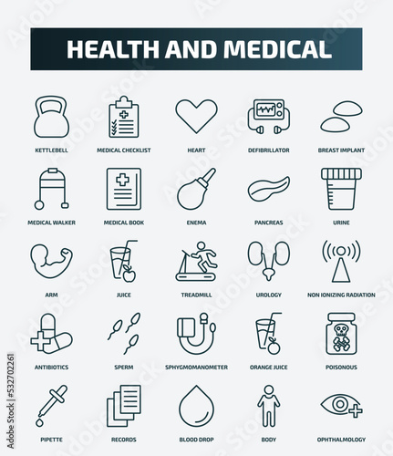 set of 25 special lineal health and medical icons. outline icons such as kettlebell, medical checklist, breast implant, enema, arm, urology, sperm, poisonous, blood drop, body line icons.