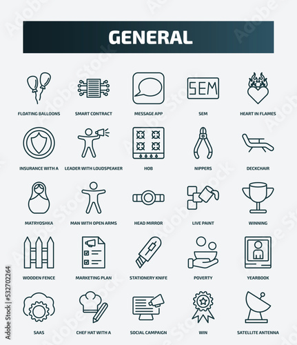 set of 25 special lineal general icons. outline icons such as floating balloons, smart contract, heart in flames, hob, matryoshka, live paint, marketing plan, yearbook, social campaign, win line