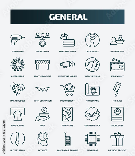 set of 25 special lineal general icons. outline icons such as perforator, project team, job interview, marketing budget, daisy bouquet, prototyping, poor, profile list, laser measurement, patch crop