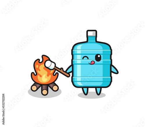 gallon water bottle character is burning marshmallow