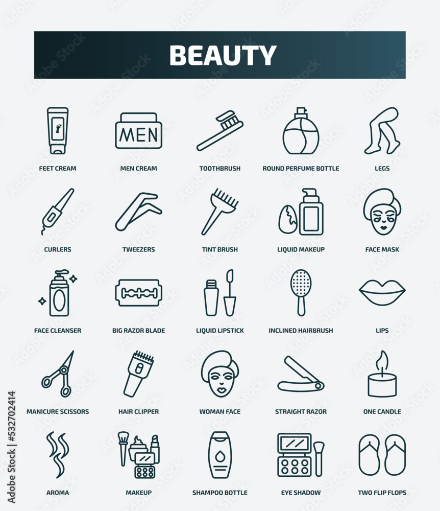 Fototapeta premium set of 25 special lineal beauty icons. outline icons such as feet cream, men cream, legs, tint brush, face cleanser, inclined hairbrush, hair clipper, one candle, shampoo bottle, eye shadow line