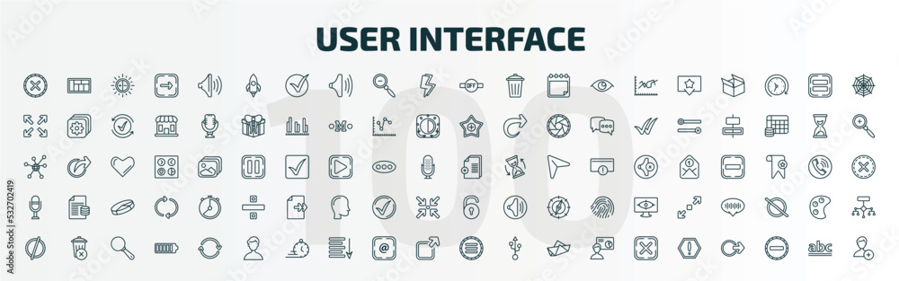 set of 100 special lineal user interface icons set. outline icons such as wrong, rocket launch, desactivate, new file, voice recorder, unblocked, empty, humans, side menu, exclamation button line