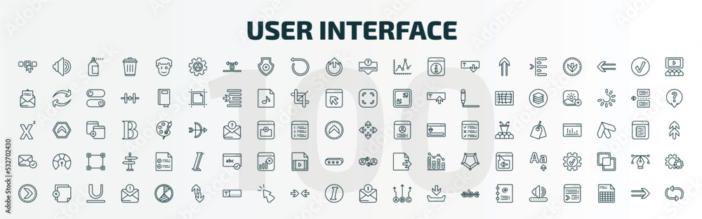 set of 100 special lineal user interface icons set. outline icons such as elections, tings, question button, move arrows, postal, user exchange, right button, up and down arrow, new message,