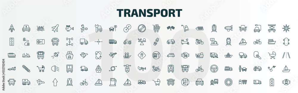 set of 100 special lineal transport icons set. outline icons such as space rocket launch, car painting, cart with boxes, school bus stop, formula 1, bicycle rental, van front view, bicycle, baby