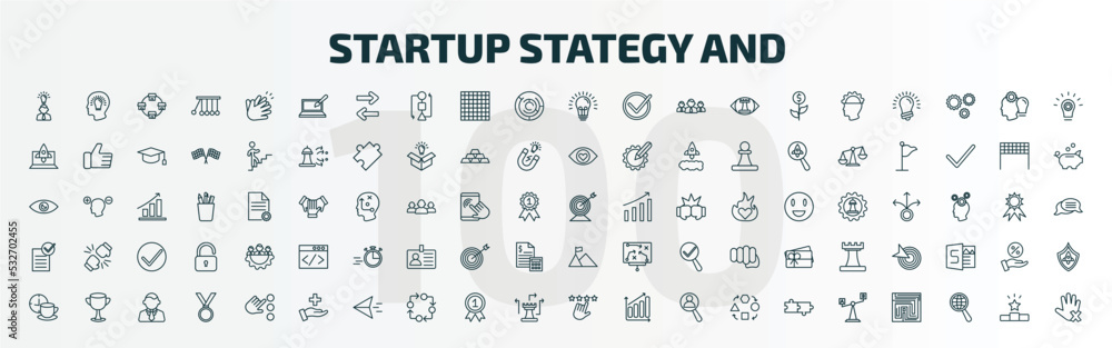 set of 100 special lineal startup stategy and icons set. outline icons such as entrepreneur, web de, bulb, purpose, approval, overcome, coffee break, care, rate, comparison line icons.