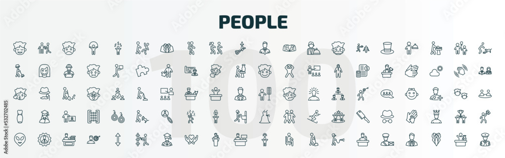 set of 100 special lineal people icons set. outline icons such as relieved smile, helping other to jump, ceo man, traffic hand, women dress, bridesmaids, alien smile, plumber working, man with an set of 100 special lineal people icons set. outline icons such as relieved smile, helping other to jump, ceo man, traffic hand, women dress, bridesmaids, alien smile, plumber working, man with an