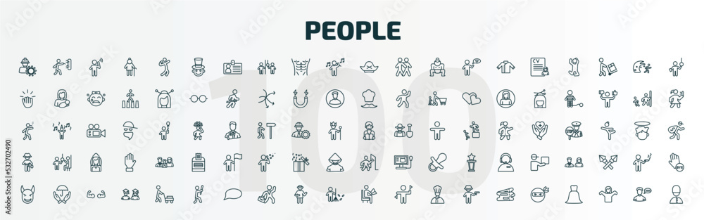 set of 100 special lineal people icons set. outline icons such as layer working, magician boy, pirate head, student books, cowboy with a gun, man knocking a door, devil head with horns, man