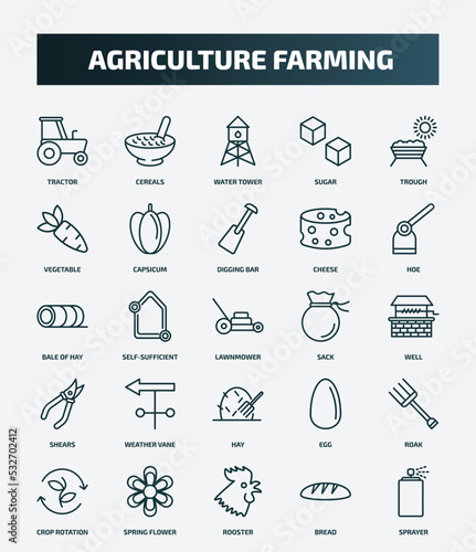 set of 25 special lineal agriculture farming icons. outline icons such as tractor  cereals  trough  digging bar  bale of hay  sack  weather vane  roak  rooster  bread line icons.