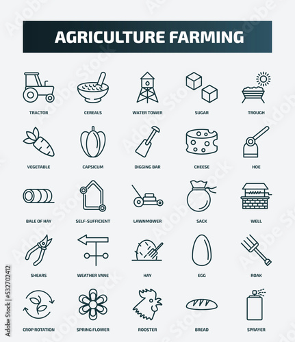 set of 25 special lineal agriculture farming icons. outline icons such as tractor, cereals, trough, digging bar, bale of hay, sack, weather vane, roak, rooster, bread line icons.
