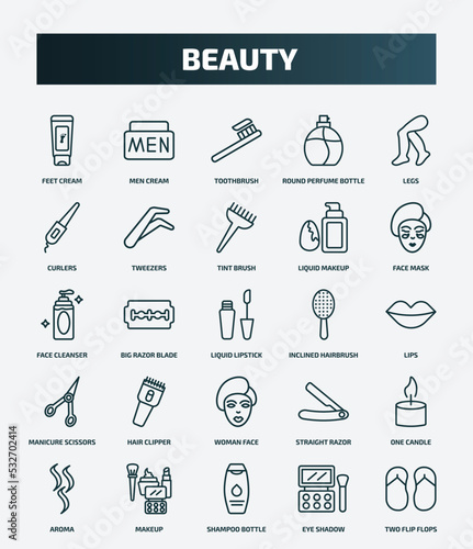 set of 25 special lineal beauty icons. outline icons such as feet cream, men cream, legs, tint brush, face cleanser, inclined hairbrush, hair clipper, one candle, shampoo bottle, eye shadow line
