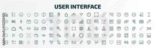 set of 100 special lineal user interface icons set. outline icons such as man certificate, information, , image of a flower, unlink, eighties, disk storage, question mark, mic interface, facetime
