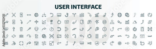 set of 100 special lineal user interface icons set. outline icons such as check mark arrow, scatter circle, vertical data bars, curved up arrow, semicircular up arrow, turn left only, dual bars