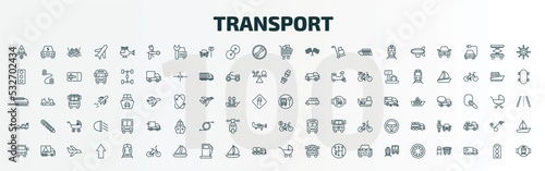 set of 100 special lineal transport icons set. outline icons such as space rocket launch, car painting, cart with boxes, school bus stop, formula 1, bicycle rental, van front view, bicycle, baby