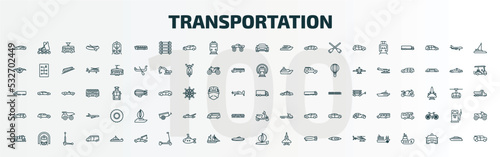 set of 100 special lineal transportation icons set. outline icons such as sports car, modern bus, car frontal view, lorry, hatchback, scooter, caboose, tow truck, yawl, paddlewheeler line icons.