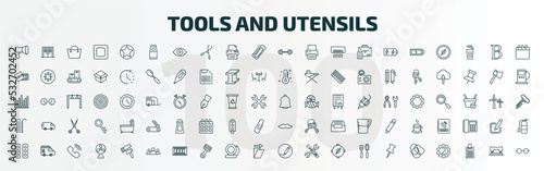 set of 100 special lineal tools and utensils icons set. outline icons such as megaphone side view, top load washer, exercise with dumbbells, hanging bell, hanging ladder, moustaches, semaphore
