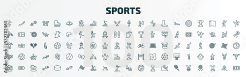 set of 100 special lineal sports icons set. outline icons such as squat, two boxing gloves, motorbike riding, dancing motion, balls, golf champion, football channel, gym weight, ice skates, weight