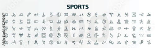 set of 100 special lineal sports icons set. outline icons such as swimming, golf player hitting, bicycle for children, golf, football, running track, surf sea, man playing volleyball, man losing