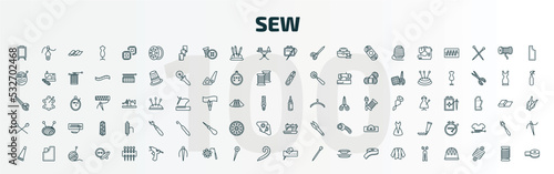 set of 100 special lineal sew icons set. outline icons such as drawing board, bobbin, needlework, glue, knitting neddles, sewing hine, glue stick, hot glue, running stitch, styling line icons.