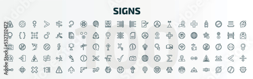 set of 100 special lineal signs icons set. outline icons such as fire hazard, ceres, align left, information, positive, camera, infinity, up, gross dark cross, tent line icons.