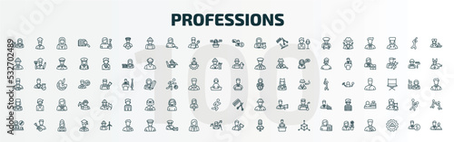 set of 100 special lineal professions icons set. outline icons such as mathematician, driver, financial advisor, programmer, stewardess, hairdresser, graphic de, clerk, judge, florist line icons. © Farahim