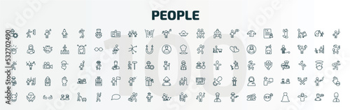 set of 100 special lineal people icons set. outline icons such as layer working, magician boy, pirate head, student books, cowboy with a gun, man knocking a door, devil head with horns, man