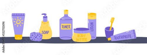 Vector set of bottles and tubes with cosmetics and skin care products on the shelf. Isolated on white background