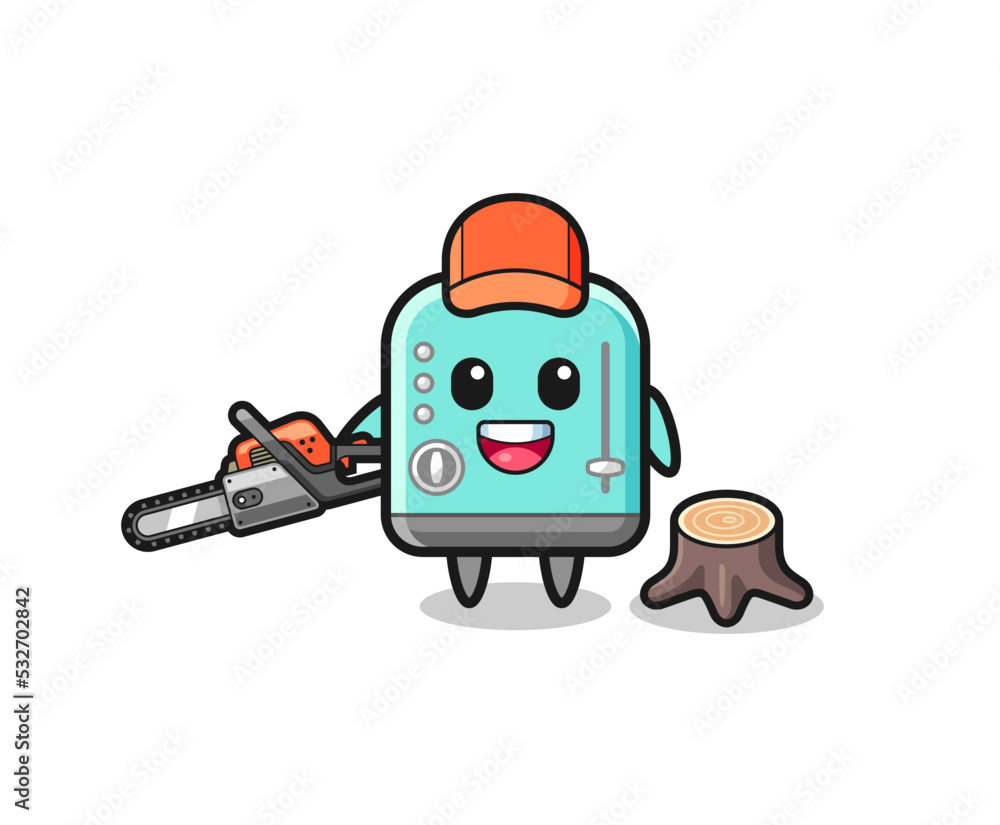 toaster lumberjack character holding a chainsaw