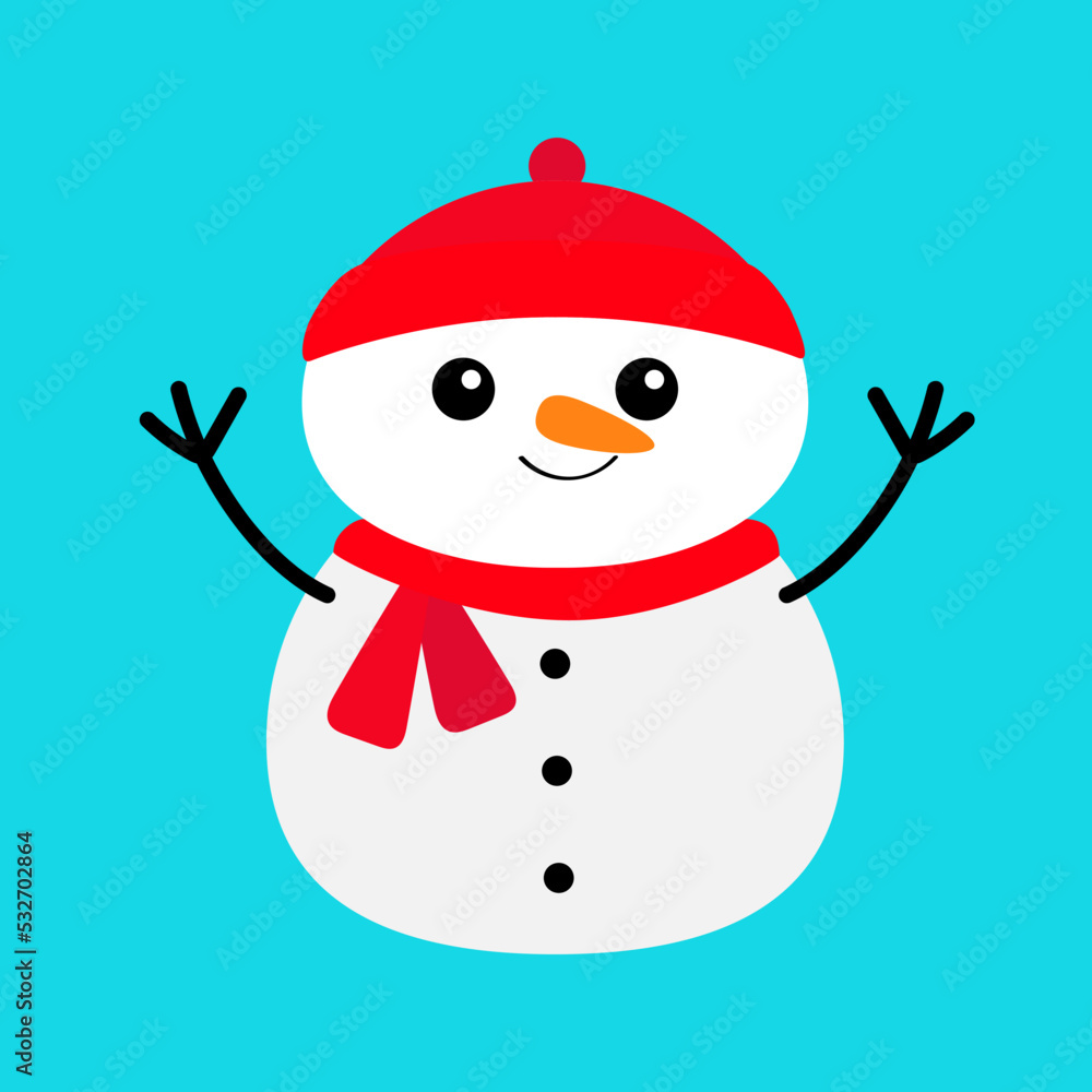 Snowman icon with red hat and scarf. Merry Christmas. Cute Cartoon kawaii simple funny baby character. Greeting card. Blue background. Isolated. Flat design. Snowman icon with red hat and scarf. Merry Christmas. Cute Cartoon kawaii simple funny baby character. Greeting card. Blue background. Isolated. Flat design.