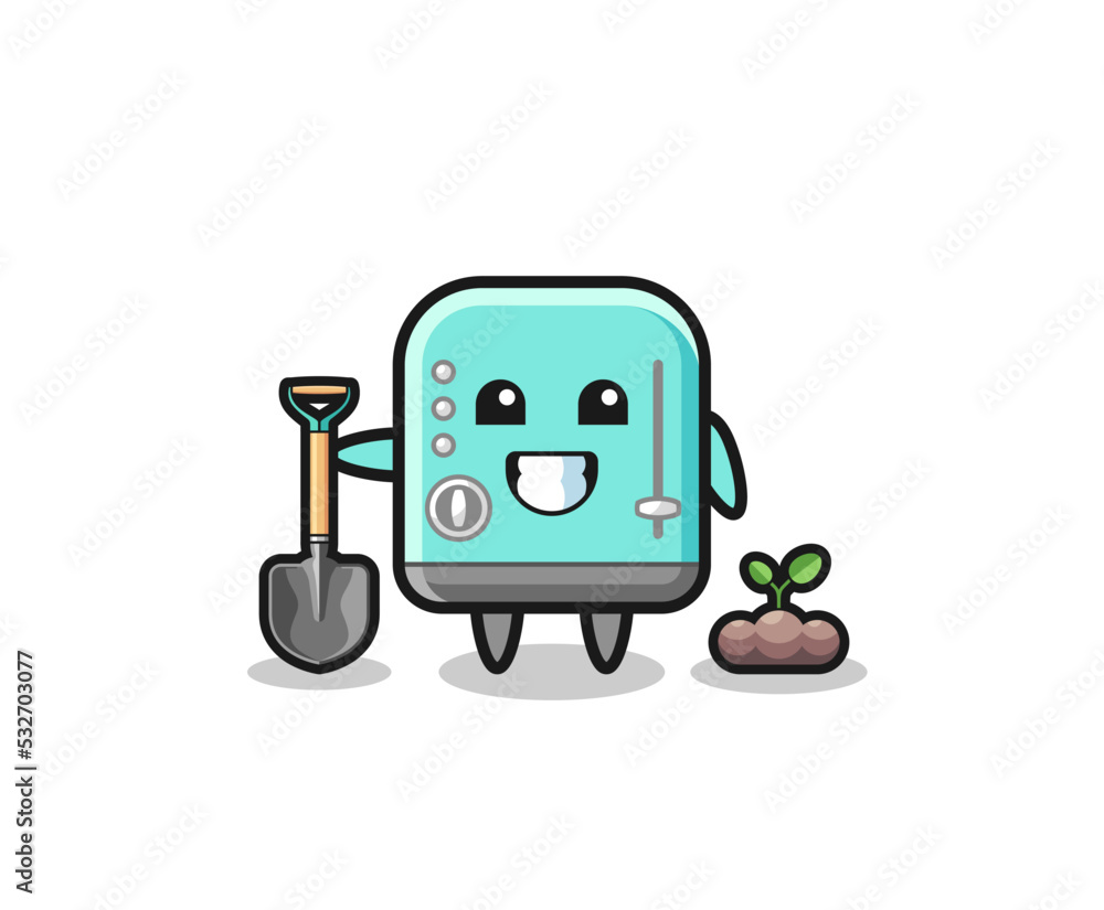 cute toaster cartoon is planting a tree seed